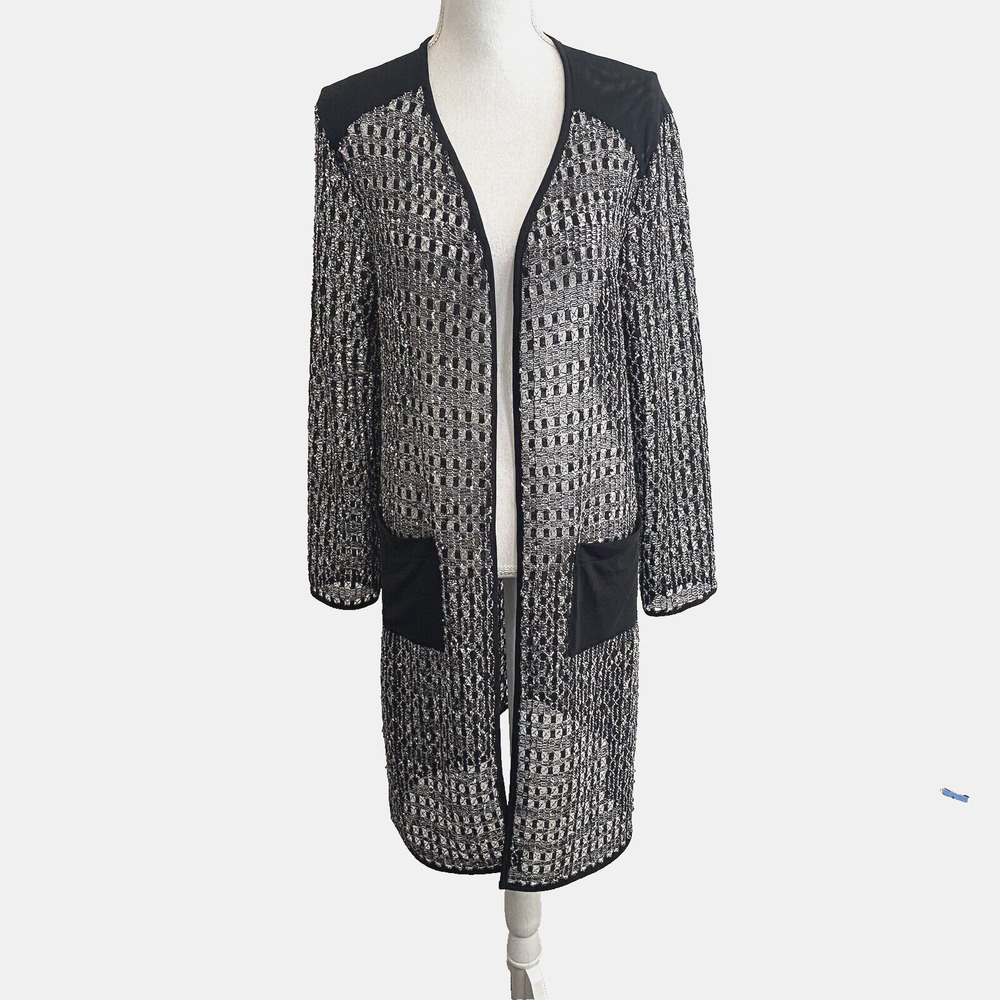 Chicos Travelers‎ Cardigan Duster Sz 1 US 8 10 Black Embroidered Sequin Sheer